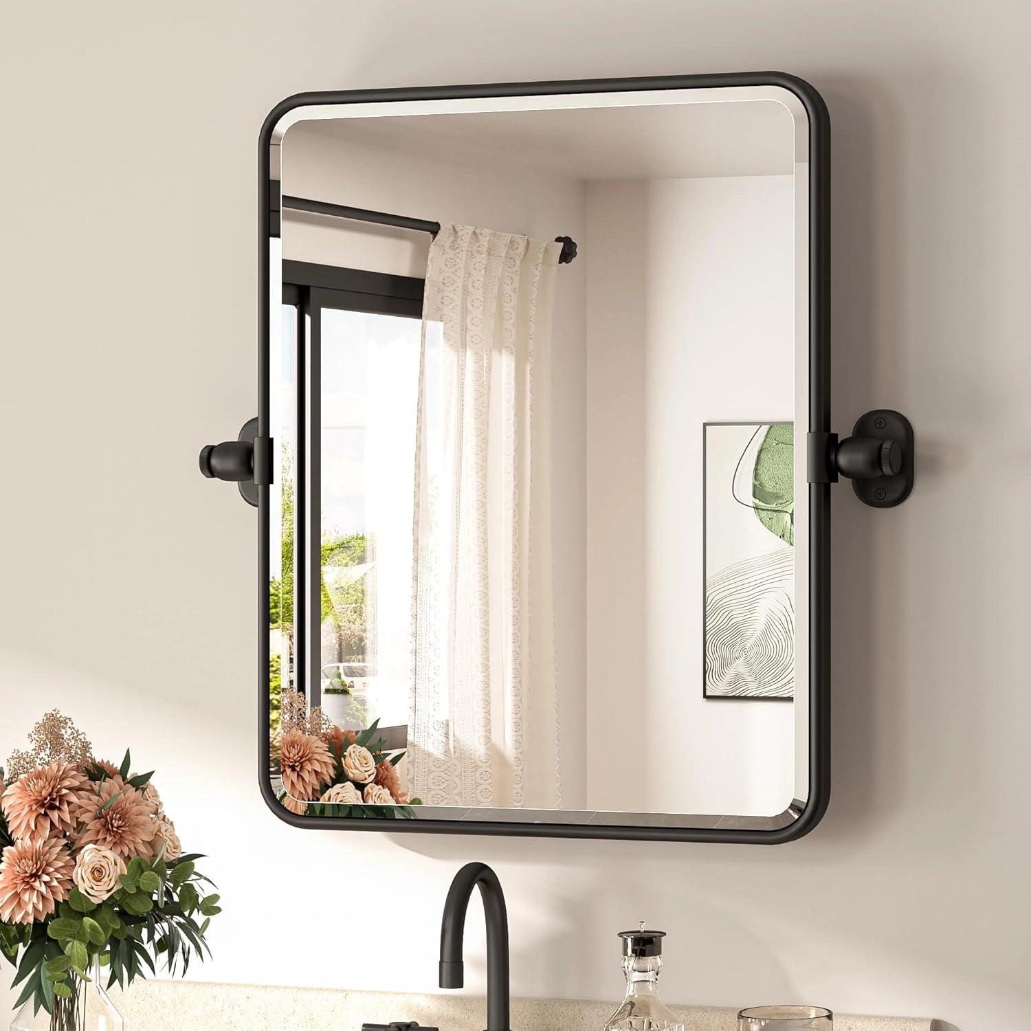 Pivot Rectangular Vanity Mirror – Metal Framed Wall Mirror with Beveled Edges and Rounded Corners, Modern Farmhouse Style, Adjustable Design, Horizontal or Vertical Mount