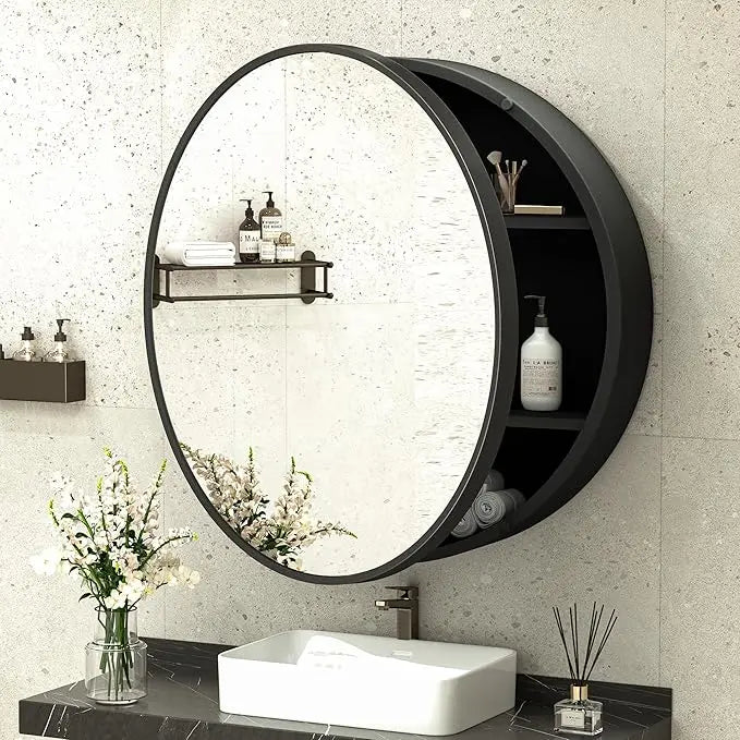 Round Bathroom Medicine Cabinet with Mirror Surface Mount Only Circular Metal Framed Farmhouse Black Medicine Cabinets for Wall Small Circle Mirrored Bath Cabinet with Vanity Mirror