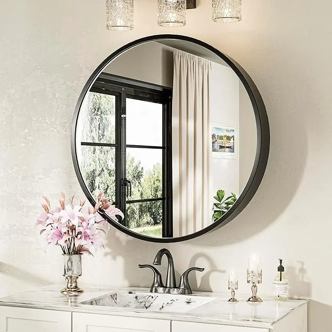 Round Bathroom Medicine Cabinet with Mirror Surface Mount Only Circular Metal Framed Farmhouse Black Medicine Cabinets for Wall Small Circle Mirrored Bath Cabinet with Vanity Mirror