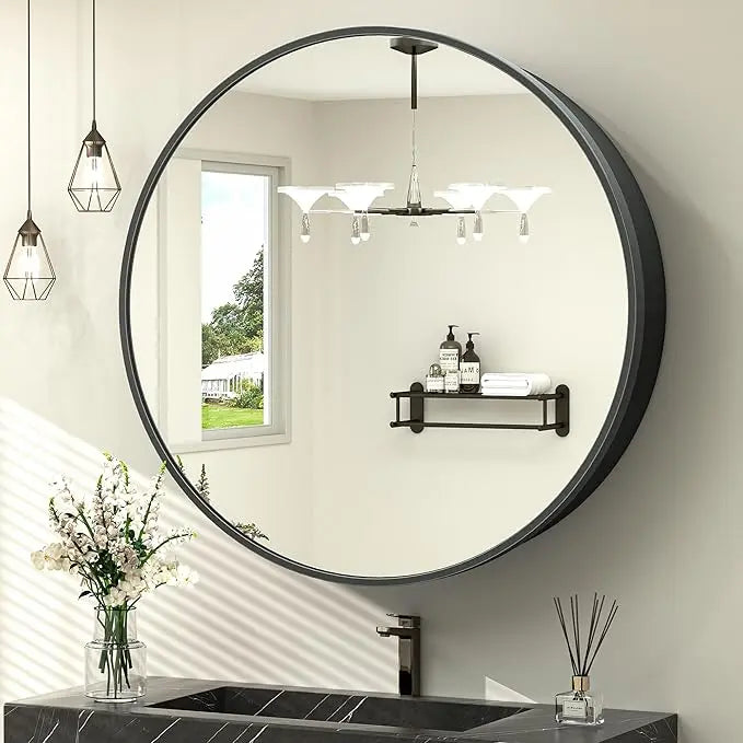 Round Bathroom Medicine Cabinet with Mirror Surface Mount Only Circular Metal Framed Farmhouse Black Medicine Cabinets for Wall Small Circle Mirrored Bath Cabinet with Vanity Mirror