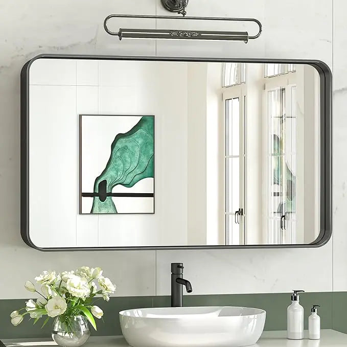 Bathroom Vanity Mirror with Brushed Gold Aluminum Frame – HD Tempered Glass Wall Mirror for Over Sink, Modern Design, Horizontal or Vertical Mount for Bathroom, Entryway, or Bedroom