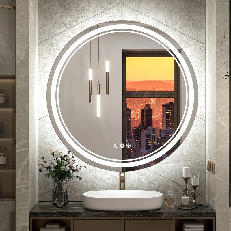 LED Round Bathroom Vanity Mirror – Front and Backlit Vanity Mirror with Double Light Strip, 3 Color Modes, CRI 90+, Anti-Fog, Memory Function, Wall Mounted Makeup Mirror for Bathroom Decor