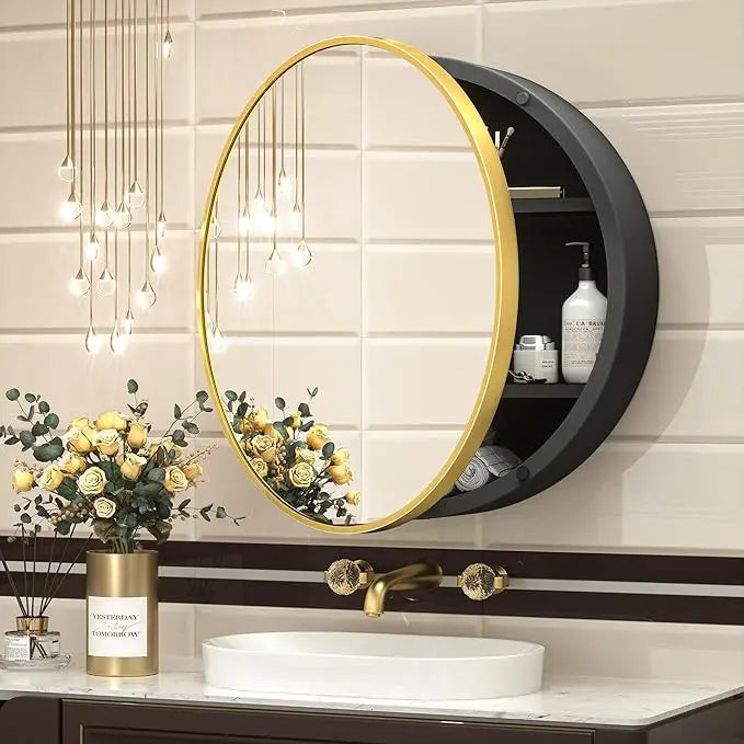 Round Bathroom Medicine Cabinet with Mirror Surface Mount Only Circular Metal Framed Farmhouse Black Medicine Cabinets for Wall Small Circle Mirrored Bath Cabinet with Vanity Mirror