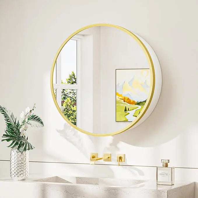 Round Bathroom Medicine Cabinet with Mirror Surface Mount Only Circular Metal Framed Farmhouse Black Medicine Cabinets for Wall Small Circle Mirrored Bath Cabinet with Vanity Mirror