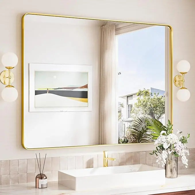 Bathroom Vanity Mirror with Brushed Gold Aluminum Frame – HD Tempered Glass Wall Mirror for Over Sink, Modern Design, Horizontal or Vertical Mount for Bathroom, Entryway, or Bedroom