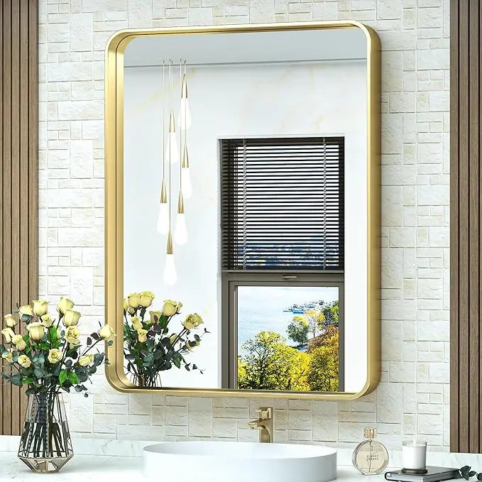 Bathroom Vanity Mirror with Brushed Gold Aluminum Frame – HD Tempered Glass Wall Mirror for Over Sink, Modern Design, Horizontal or Vertical Mount for Bathroom, Entryway, or Bedroom