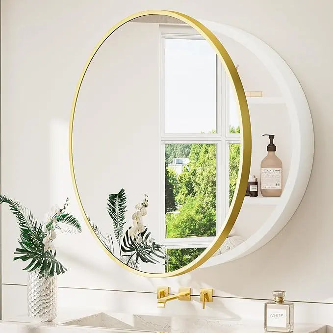 Round Bathroom Medicine Cabinet with Mirror Surface Mount Only Circular Metal Framed Farmhouse Black Medicine Cabinets for Wall Small Circle Mirrored Bath Cabinet with Vanity Mirror