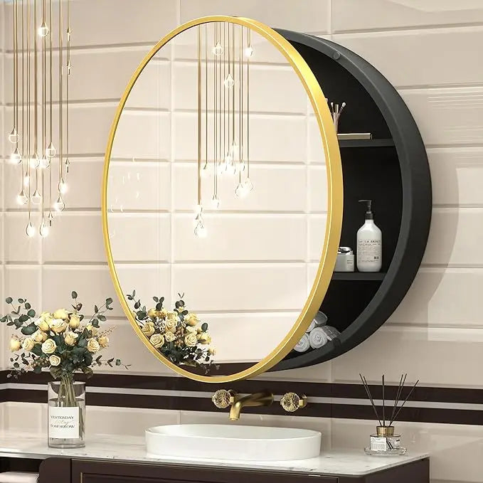 Round Bathroom Medicine Cabinet with Mirror Surface Mount Only Circular Metal Framed Farmhouse Black Medicine Cabinets for Wall Small Circle Mirrored Bath Cabinet with Vanity Mirror
