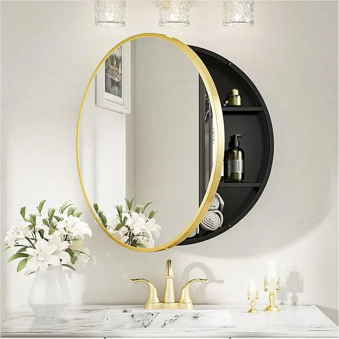 Round Bathroom Medicine Cabinet with Mirror Surface Mount Only Circular Metal Framed Farmhouse Black Medicine Cabinets for Wall Small Circle Mirrored Bath Cabinet with Vanity Mirror
