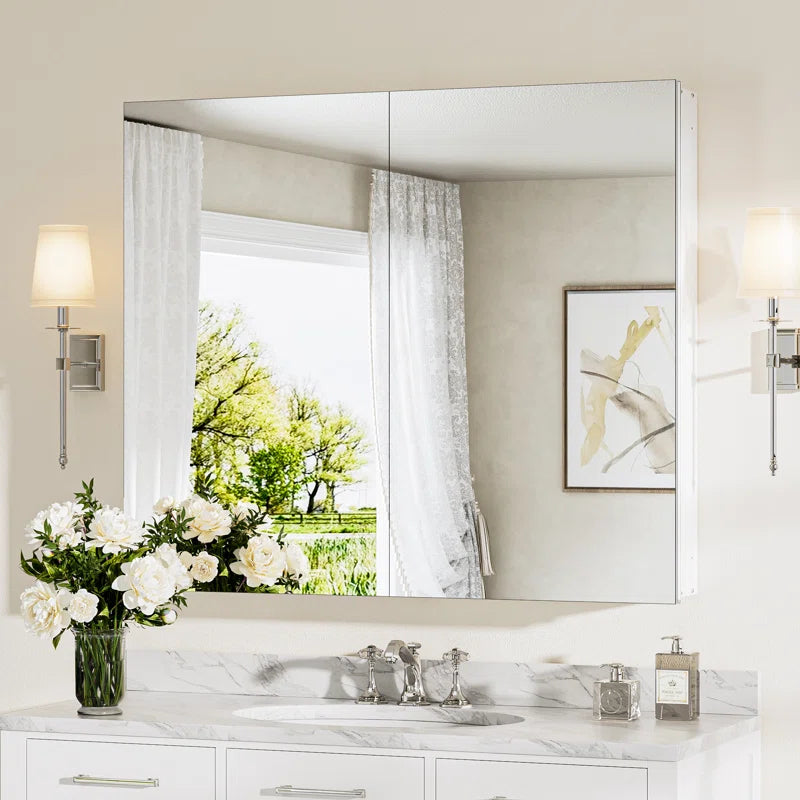 Medicine Cabinet Mirror with Storage – Tempered Glass, Aluminum Frame, Surface Mount or Recessed, Adjustable Shelves – Silver Bathroom Vanity Cabinet for Modern Farmhouse Decor