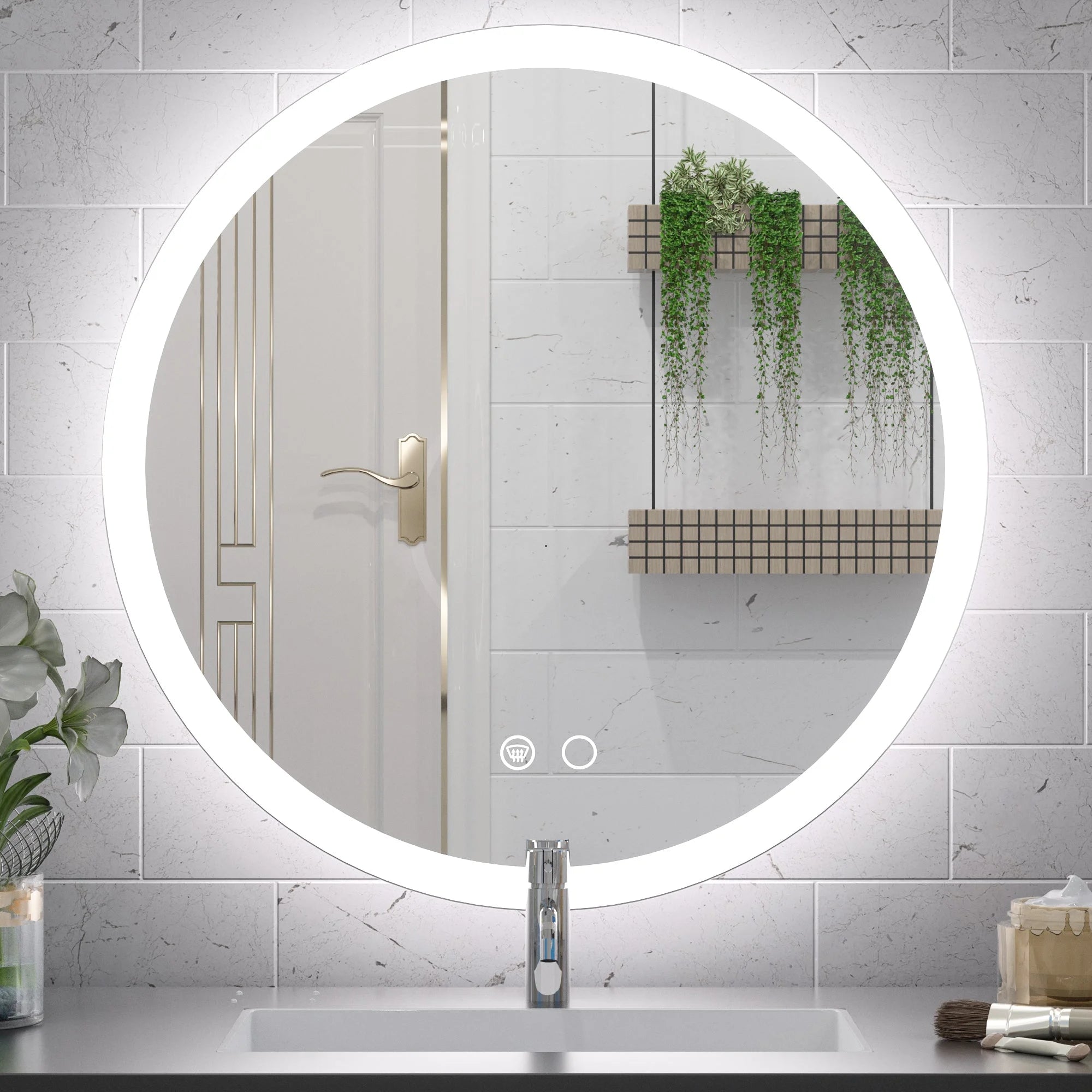 LED Round Vanity Mirror LED Front Lights Mirror Bathroom Vanity Lighted Mirror Dimmable Circle Mirror with Lights Wall Mounted Modern Makeup Mirror Anti-Fog, CRI 90+