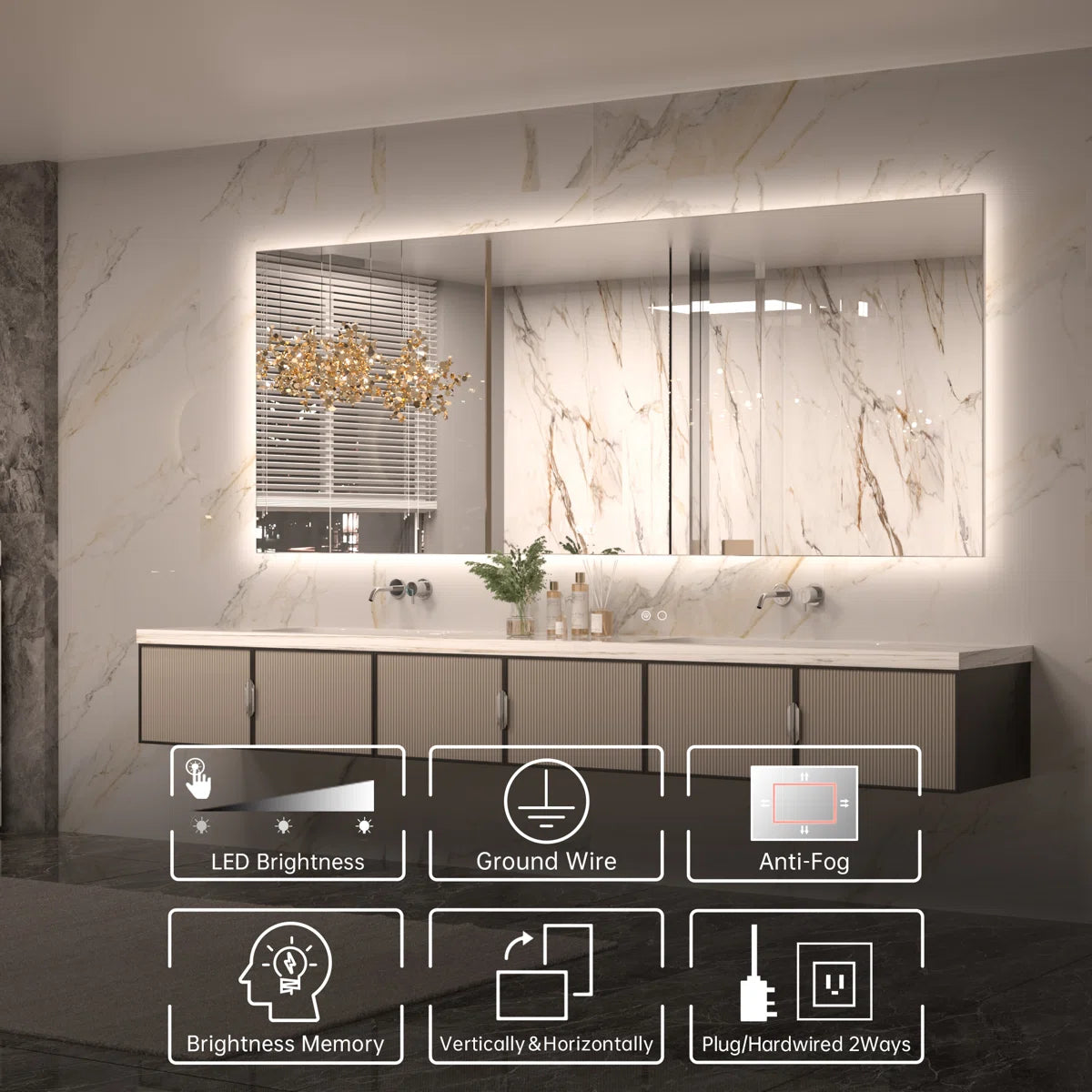 LED Backlit Bathroom Vanity Mirror with Lights – Dimmable, Anti-Fog, CRI90+, IP54 Waterproof, Wall Mounted Vanity Mirror with Touch Control, Horizontal or Vertical Installation