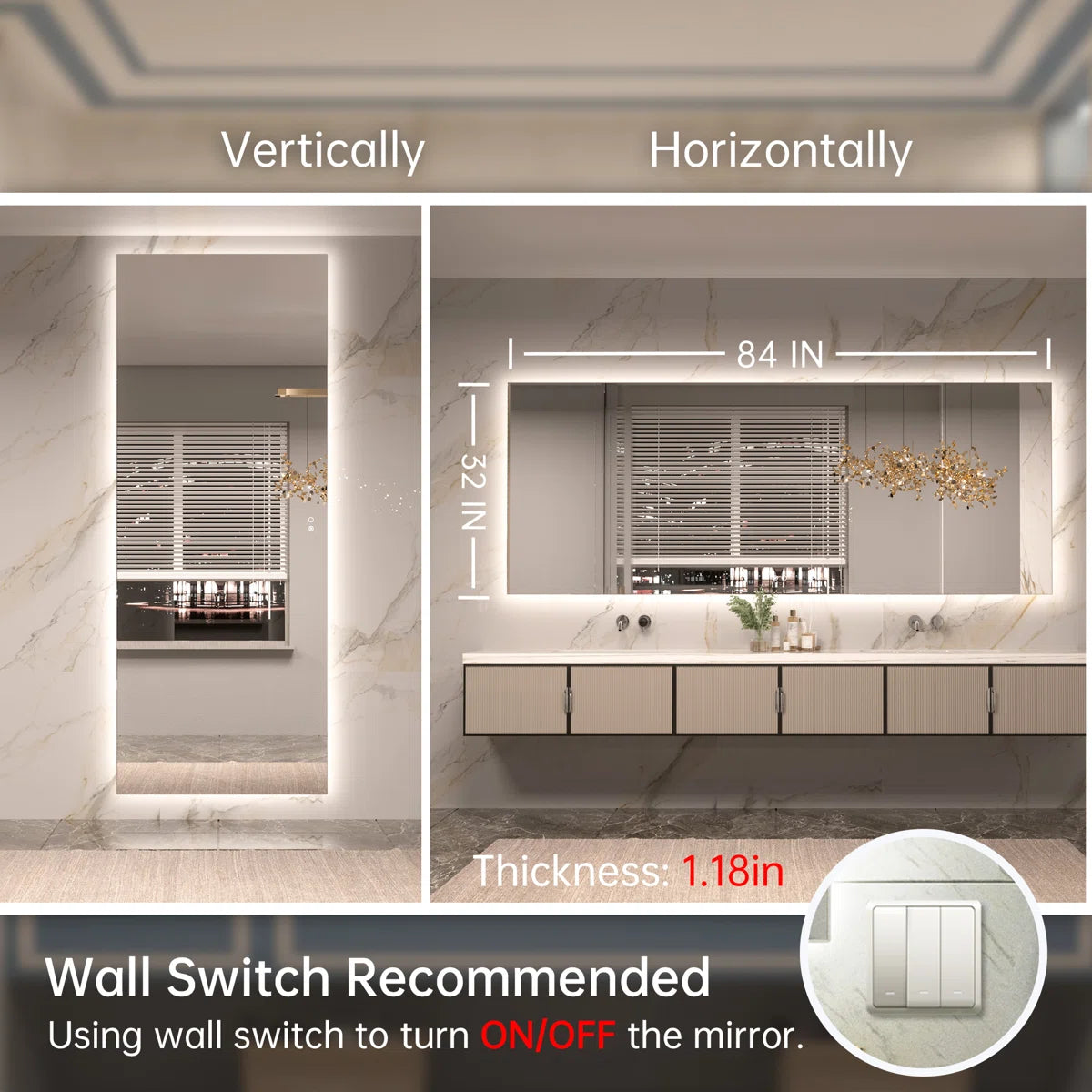 LED Backlit Bathroom Vanity Mirror with Lights – Dimmable, Anti-Fog, CRI90+, IP54 Waterproof, Wall Mounted Vanity Mirror with Touch Control, Horizontal or Vertical Installation