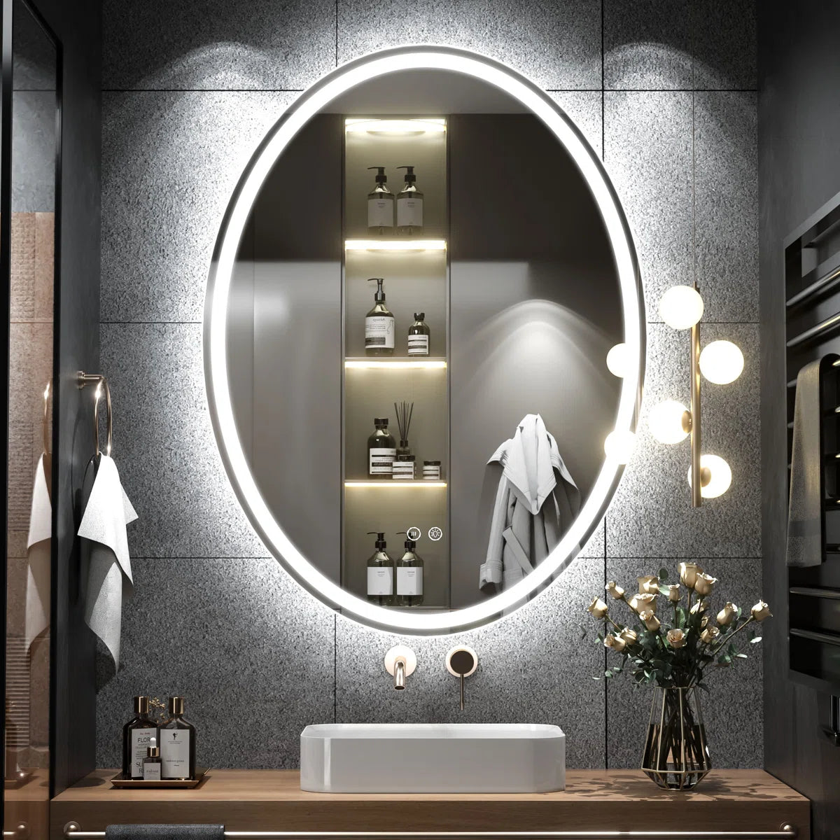 Oval LED Mirror for Bathroom Vanity, Frontlit Dimmable,Anti Fog,Vanity Mirror with Lights for Makeup Wall Mounted Lighted Modern Mirror