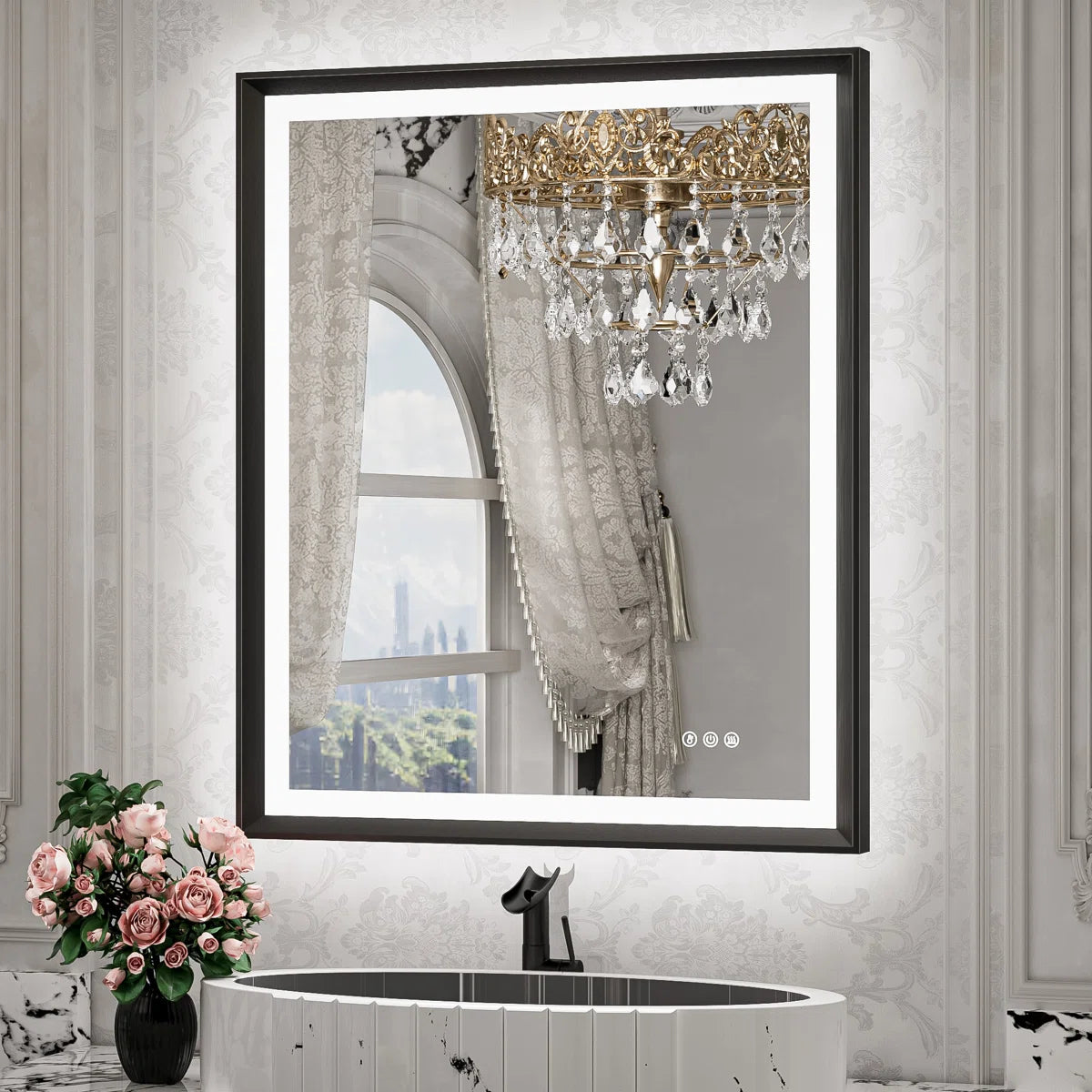 LED Bathroom Vanity Mirror with Frame – Backlit and Front Lighted, Aluminum Rectangle with Beveled Edge, Tricolor Stepless Dimmable, Anti-Fog, Memory Function, Modern Wall Decor