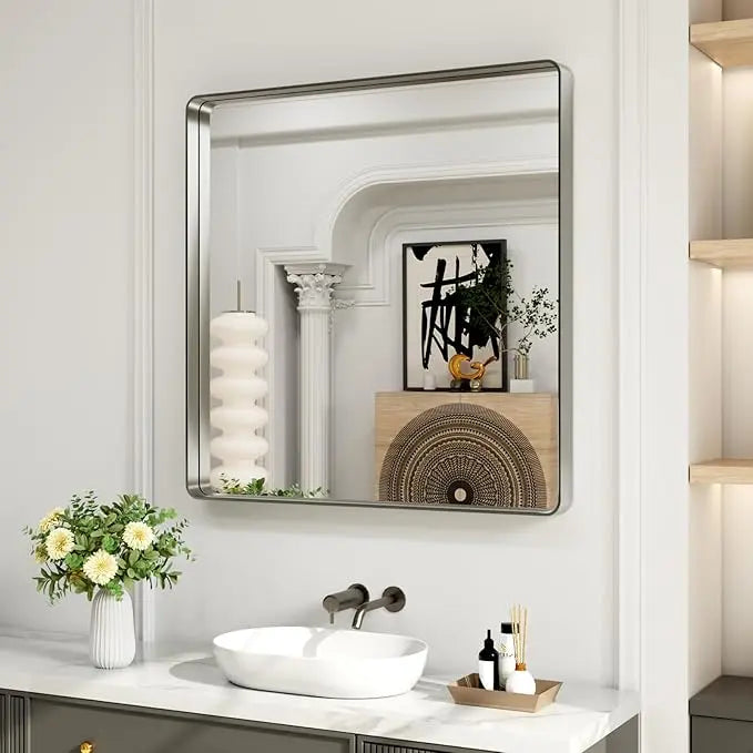 Bathroom Vanity Mirror with Brushed Gold Aluminum Frame – HD Tempered Glass Wall Mirror for Over Sink, Modern Design, Horizontal or Vertical Mount for Bathroom, Entryway, or Bedroom