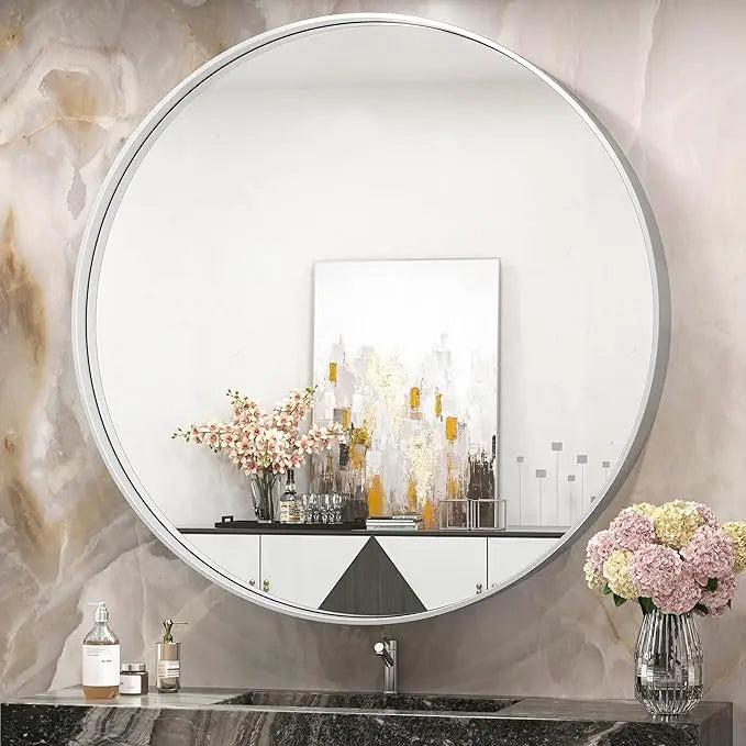 Round Mirror Circle Wall Mirror Non-Rusting Aluminum Alloy Brushed  Metal Frame Round Bathroom Mirror for Modern Minimalist Home Decor