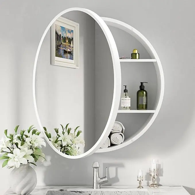Round Bathroom Medicine Cabinet with Mirror Surface Mount Only Circular Metal Framed Farmhouse Black Medicine Cabinets for Wall Small Circle Mirrored Bath Cabinet with Vanity Mirror