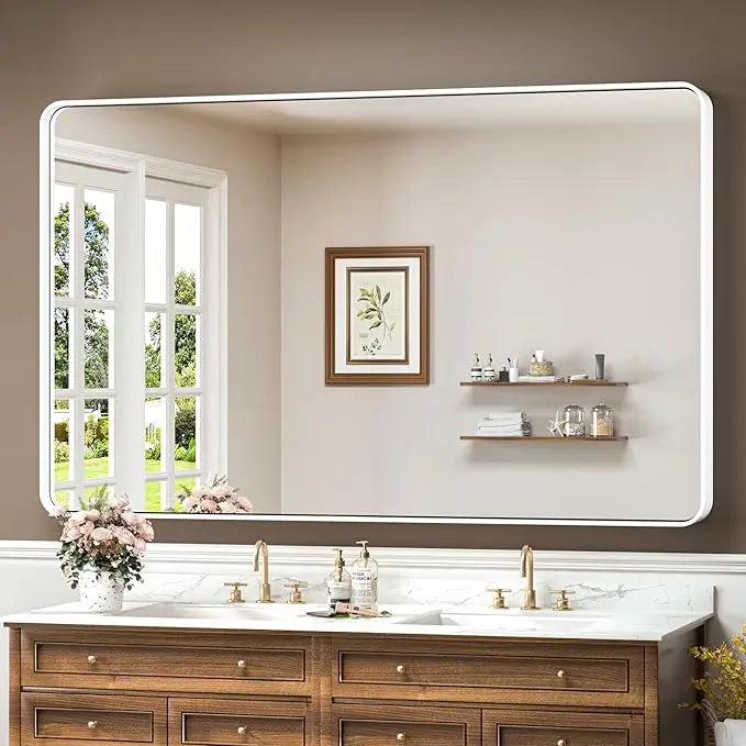Bathroom Vanity Mirror with Brushed Gold Aluminum Frame – HD Tempered Glass Wall Mirror for Over Sink, Modern Design, Horizontal or Vertical Mount for Bathroom, Entryway, or Bedroom