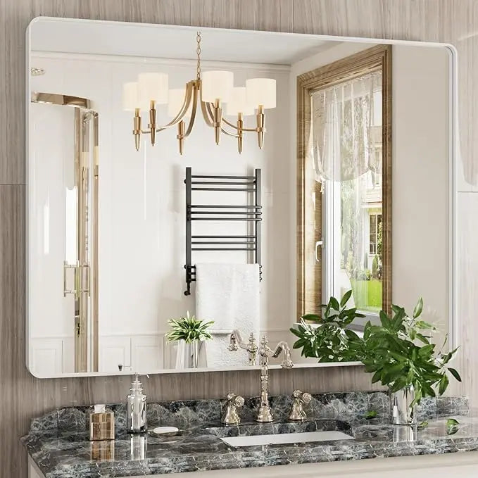 Bathroom Vanity Mirror with Brushed Gold Aluminum Frame – HD Tempered Glass Wall Mirror for Over Sink, Modern Design, Horizontal or Vertical Mount for Bathroom, Entryway, or Bedroom