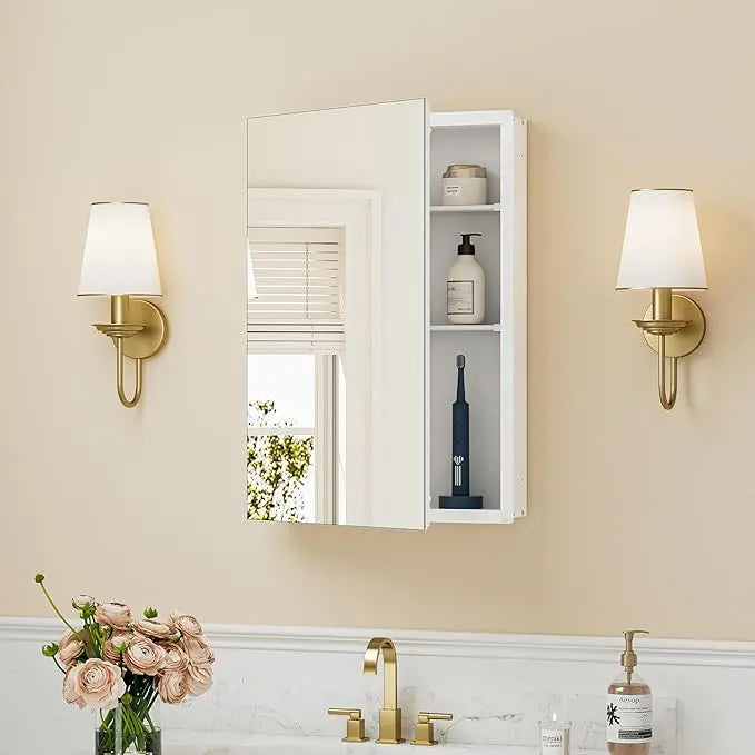 Medicine Cabinet Mirror with Storage – Tempered Glass, Aluminum Frame, Surface Mount or Recessed, Adjustable Shelves – Silver Bathroom Vanity Cabinet for Modern Farmhouse Decor