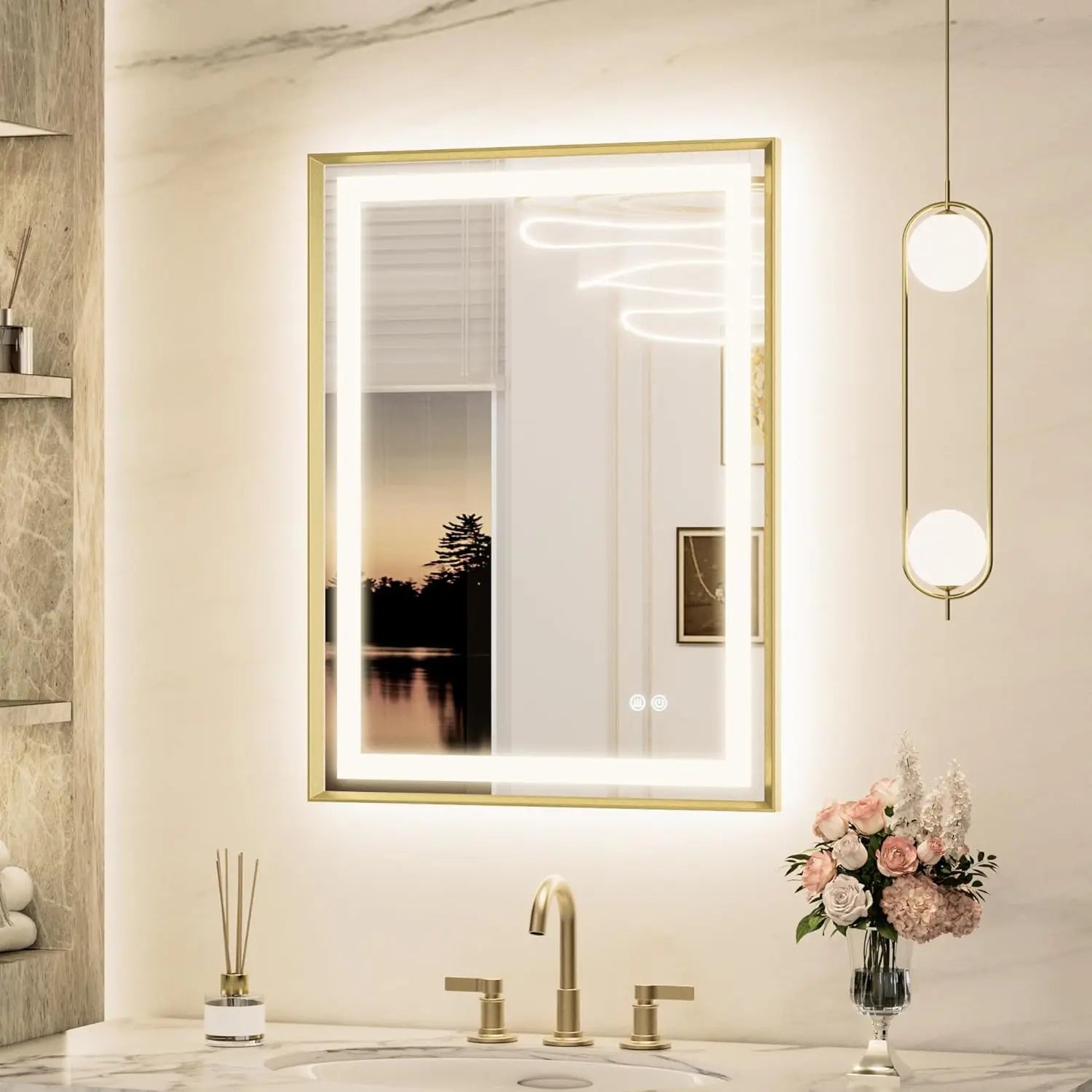 Bathroom Vanity LED Mirror  Frame Frontlit & Backlit Vanity Mirror Anti-Fog Stepless Dimmable 3 Colors White/Warm/Natural Mirror with Lights Wall-Mounted
