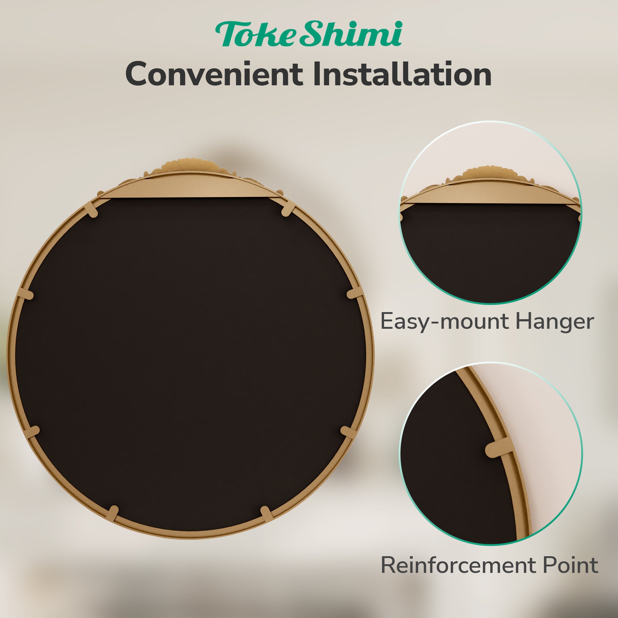 Vintage Gold Round Mirror with Metal Frame – Antique Wall-Mounted Vanity Mirror for Bedroom, Bathroom, or Fireplace, Baroque Style with French Cleat Mounting for Elegant Home Décor