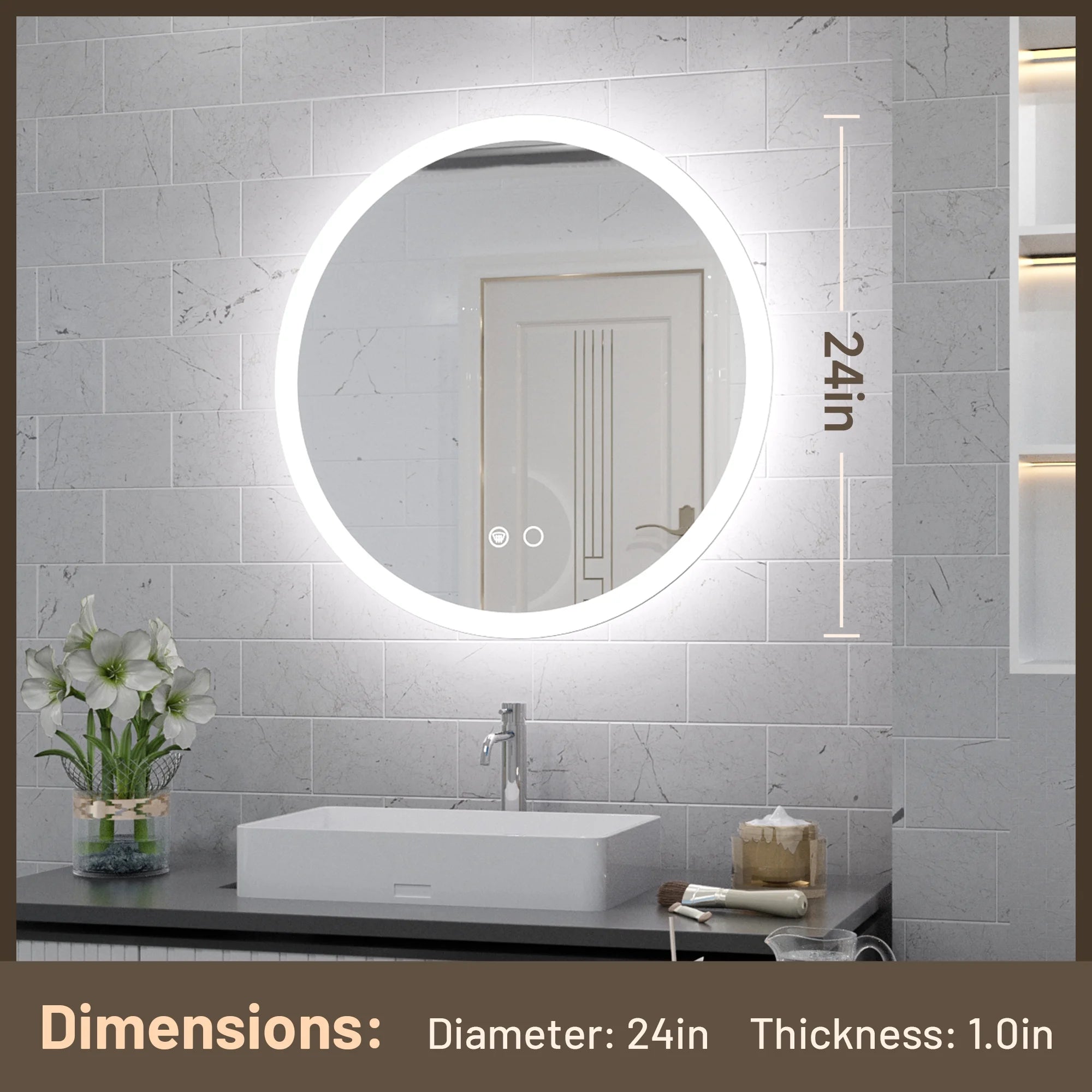 LED Round Vanity Mirror LED Front Lights Mirror Bathroom Vanity Lighted Mirror Dimmable Circle Mirror with Lights Wall Mounted Modern Makeup Mirror Anti-Fog, CRI 90+
