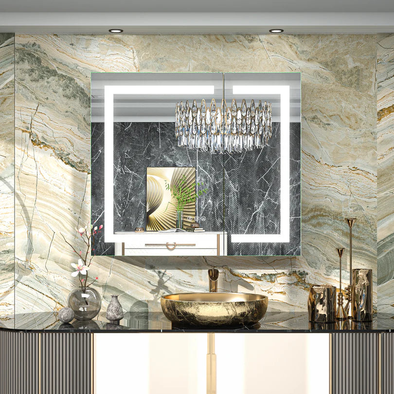 Recessed Medicine Cabinet with Lights 3 Colors Dimmable, Led Medicine Cabinet Mirror with Outlet and Defogger,2-Side Front Lit Bathroom Vanity,Restroom Mirror with Storage