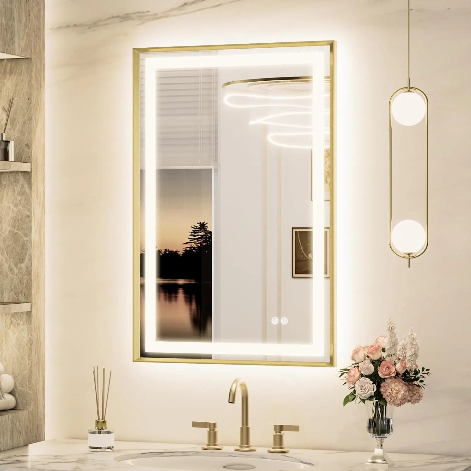 Bathroom Vanity LED Mirror  Frame Frontlit & Backlit Vanity Mirror Anti-Fog Stepless Dimmable 3 Colors White/Warm/Natural Mirror with Lights Wall-Mounted