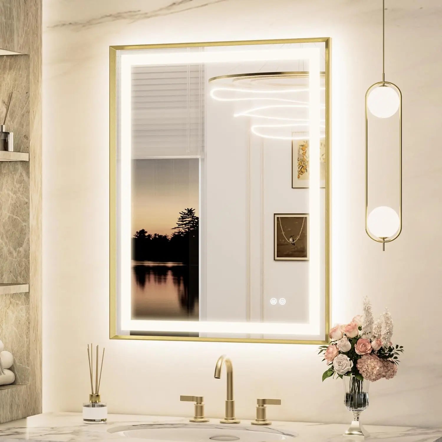 Bathroom Vanity LED Mirror  Frame Frontlit & Backlit Vanity Mirror Anti-Fog Stepless Dimmable 3 Colors White/Warm/Natural Mirror with Lights Wall-Mounted