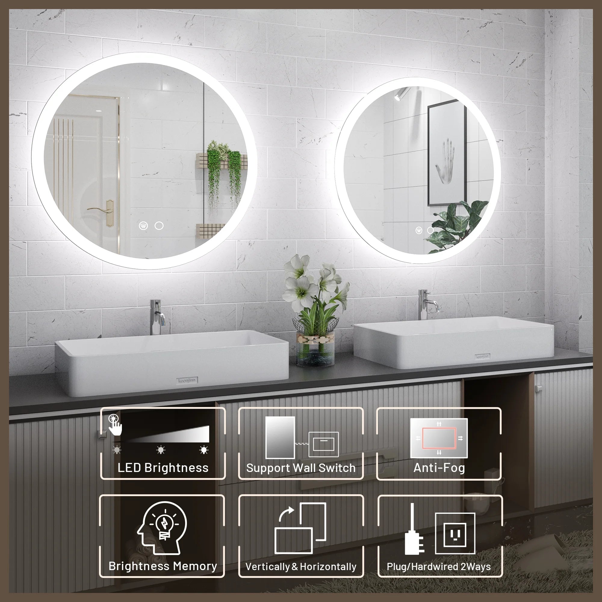LED Round Vanity Mirror LED Front Lights Mirror Bathroom Vanity Lighted Mirror Dimmable Circle Mirror with Lights Wall Mounted Modern Makeup Mirror Anti-Fog, CRI 90+