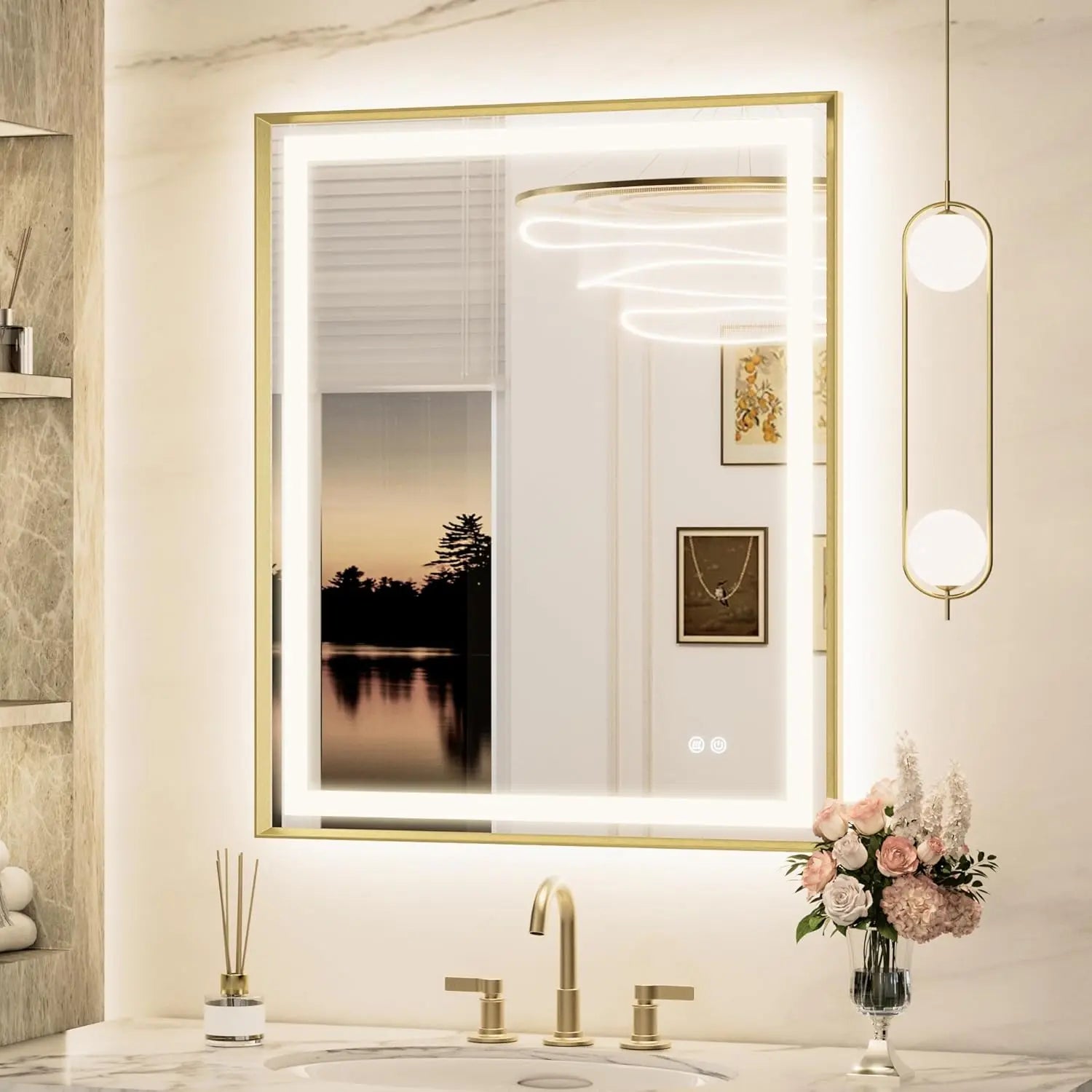 Bathroom Vanity LED Mirror  Frame Frontlit & Backlit Vanity Mirror Anti-Fog Stepless Dimmable 3 Colors White/Warm/Natural Mirror with Lights Wall-Mounted