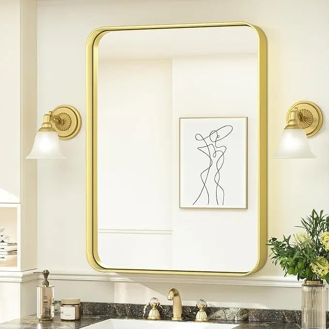 Bathroom Vanity Mirror with Brushed Gold Aluminum Frame – HD Tempered Glass Wall Mirror for Over Sink, Modern Design, Horizontal or Vertical Mount for Bathroom, Entryway, or Bedroom