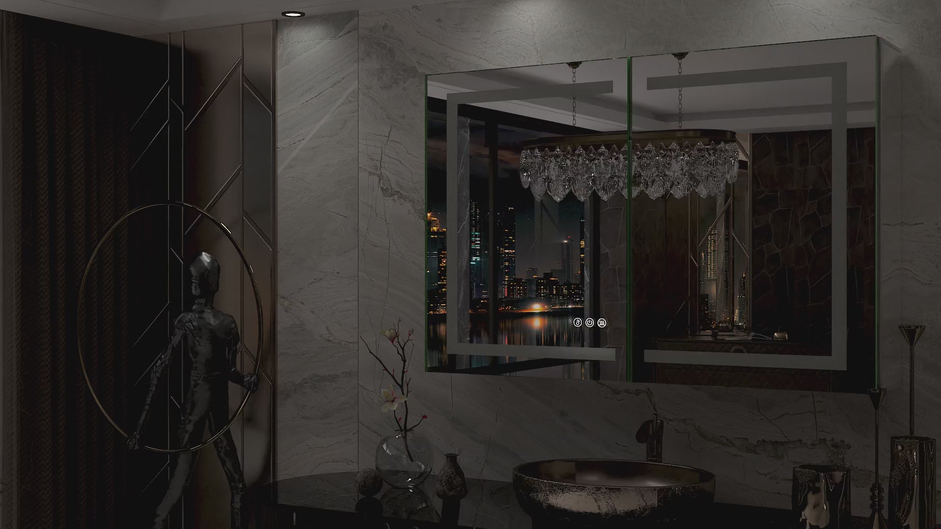 Load video: Recessed Medicine Cabinet with Lights 3 Colors Dimmable, Led Medicine Cabinet Mirror with Outlet and Defogger,2-Side Front Lit Bathroom Vanity,Restroom Mirror with Storage