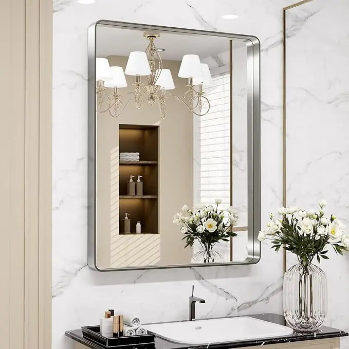 Bathroom Vanity Mirror with Brushed Gold Aluminum Frame – HD Tempered Glass Wall Mirror for Over Sink, Modern Design, Horizontal or Vertical Mount for Bathroom, Entryway, or Bedroom