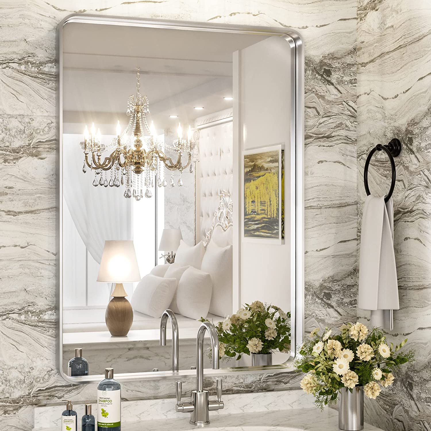 Bathroom Vanity Mirror with Brushed Gold Aluminum Frame – HD Tempered Glass Wall Mirror for Over Sink, Modern Design, Horizontal or Vertical Mount for Bathroom, Entryway, or Bedroom