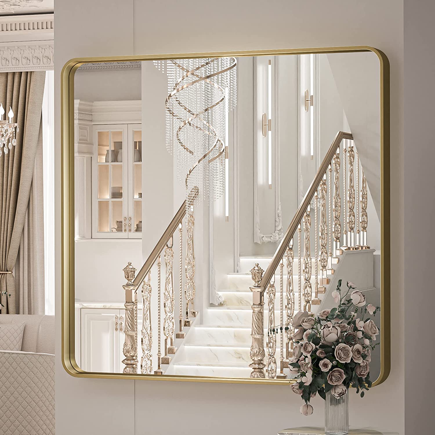 Bathroom Vanity Mirror with Brushed Gold Aluminum Frame – HD Tempered Glass Wall Mirror for Over Sink, Modern Design, Horizontal or Vertical Mount for Bathroom, Entryway, or Bedroom