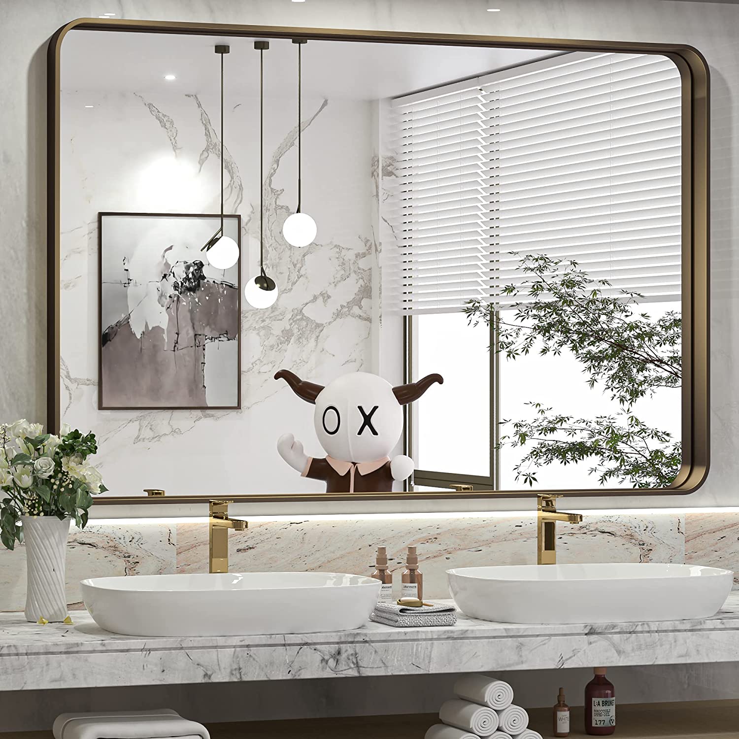 Bathroom Vanity Mirror with Brushed Gold Aluminum Frame – HD Tempered Glass Wall Mirror for Over Sink, Modern Design, Horizontal or Vertical Mount for Bathroom, Entryway, or Bedroom