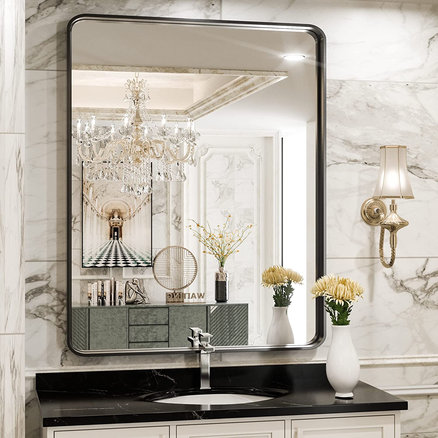 Bathroom Vanity Mirror with Brushed Gold Aluminum Frame – HD Tempered Glass Wall Mirror for Over Sink, Modern Design, Horizontal or Vertical Mount for Bathroom, Entryway, or Bedroom