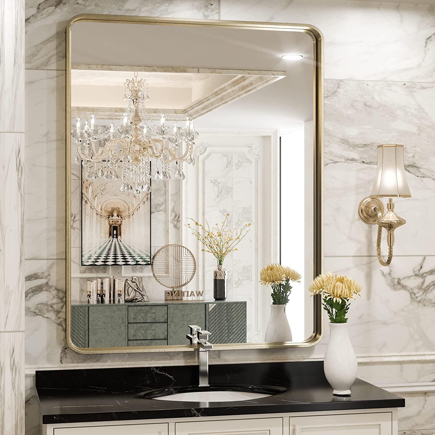 Bathroom Vanity Mirror with Brushed Gold Aluminum Frame – HD Tempered Glass Wall Mirror for Over Sink, Modern Design, Horizontal or Vertical Mount for Bathroom, Entryway, or Bedroom