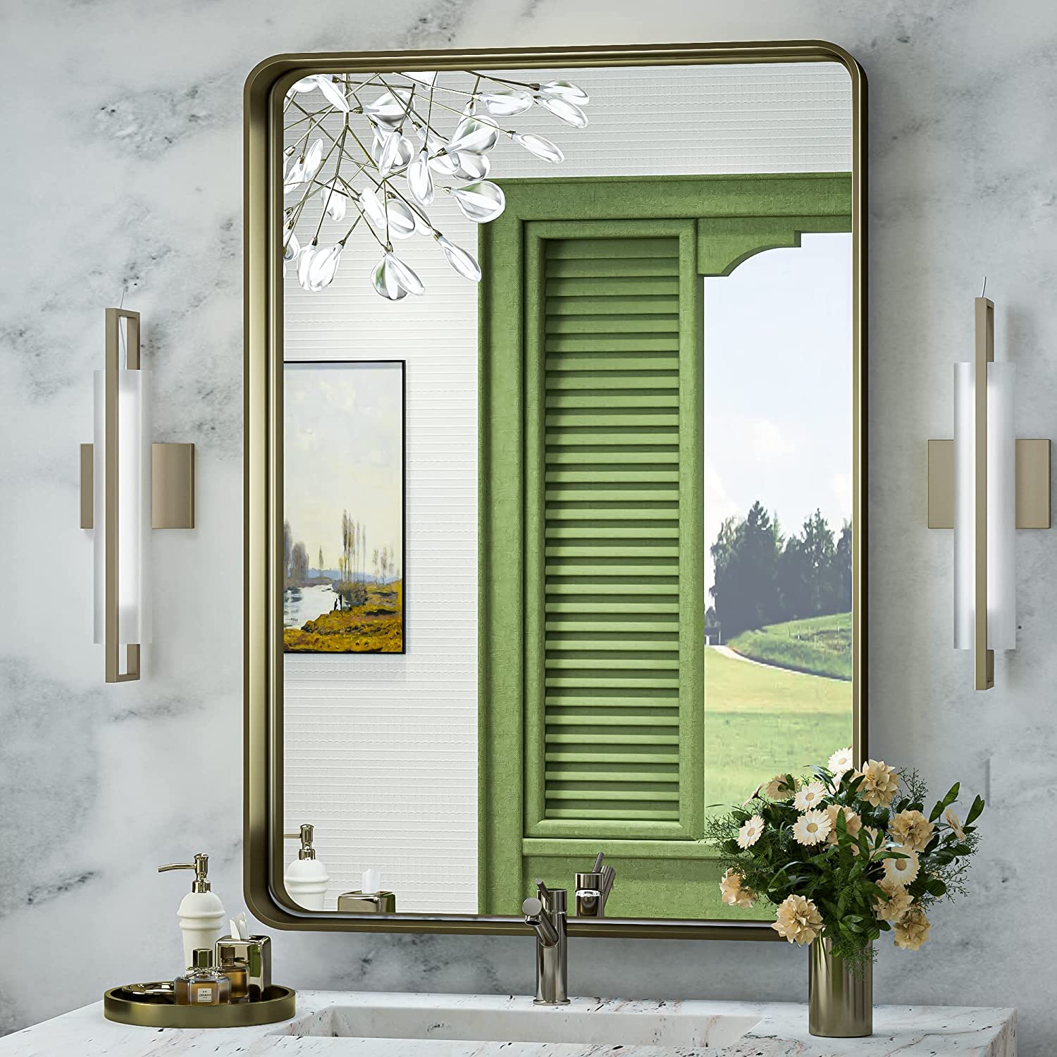 Bathroom Vanity Mirror with Brushed Gold Aluminum Frame – HD Tempered Glass Wall Mirror for Over Sink, Modern Design, Horizontal or Vertical Mount for Bathroom, Entryway, or Bedroom