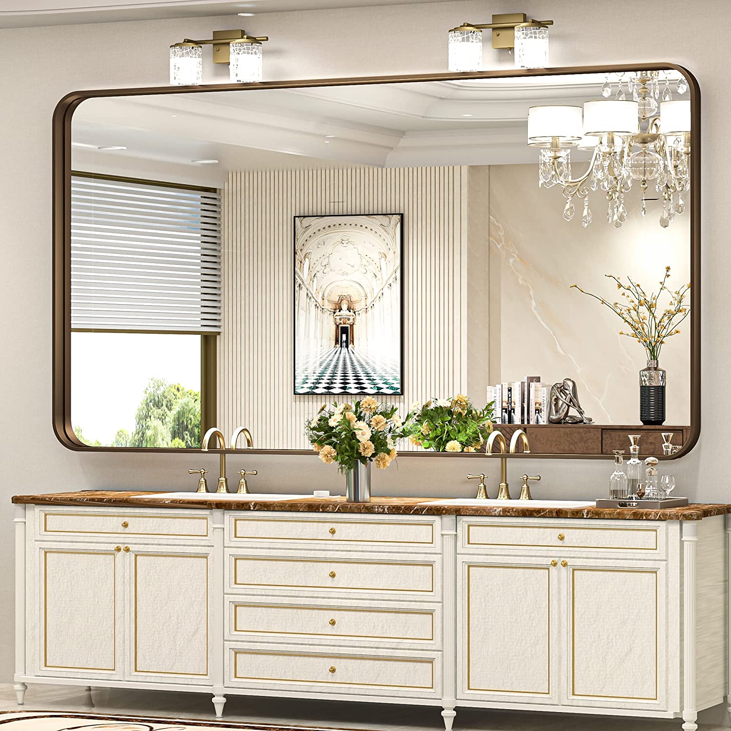Bathroom Vanity Mirror with Brushed Gold Aluminum Frame – HD Tempered Glass Wall Mirror for Over Sink, Modern Design, Horizontal or Vertical Mount for Bathroom, Entryway, or Bedroom