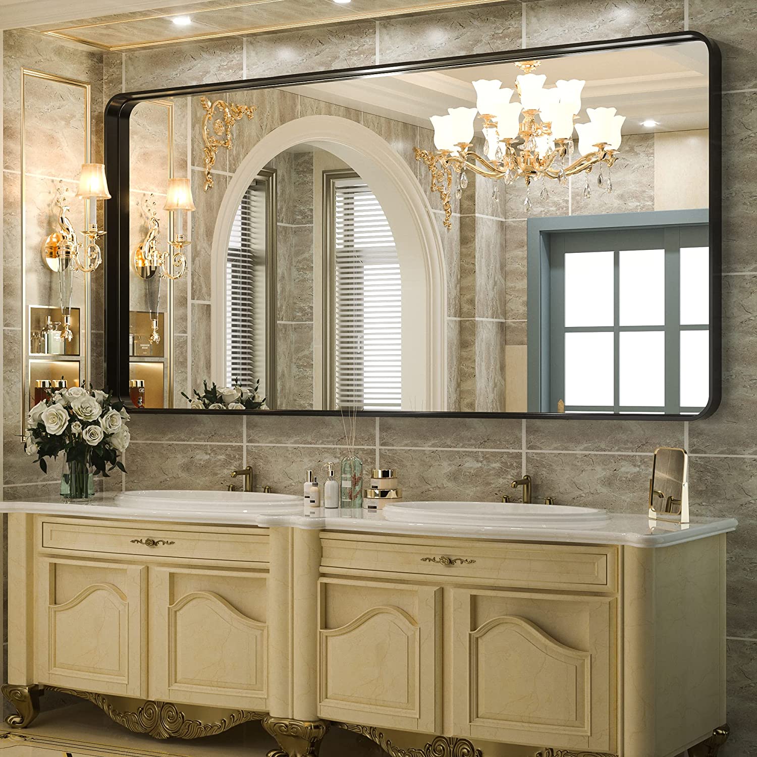 Bathroom Vanity Mirror with Brushed Gold Aluminum Frame – HD Tempered Glass Wall Mirror for Over Sink, Modern Design, Horizontal or Vertical Mount for Bathroom, Entryway, or Bedroom