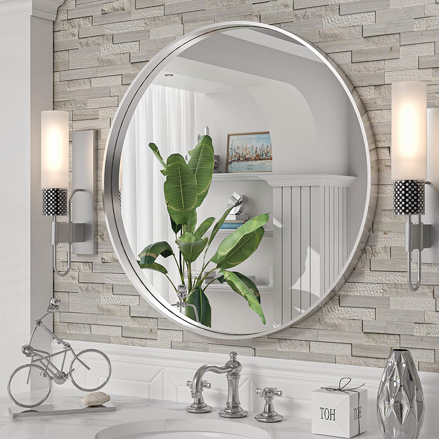 Round Mirror Circle Wall Mirror Non-Rusting Aluminum Alloy Brushed  Metal Frame Round Bathroom Mirror for Modern Minimalist Home Decor