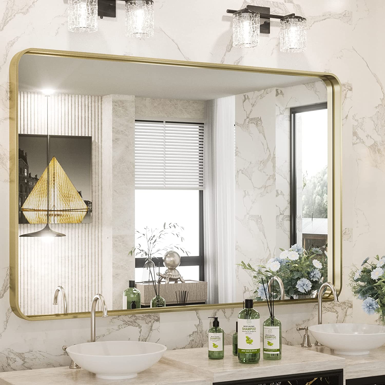 Bathroom Vanity Mirror with Brushed Gold Aluminum Frame – HD Tempered Glass Wall Mirror for Over Sink, Modern Design, Horizontal or Vertical Mount for Bathroom, Entryway, or Bedroom