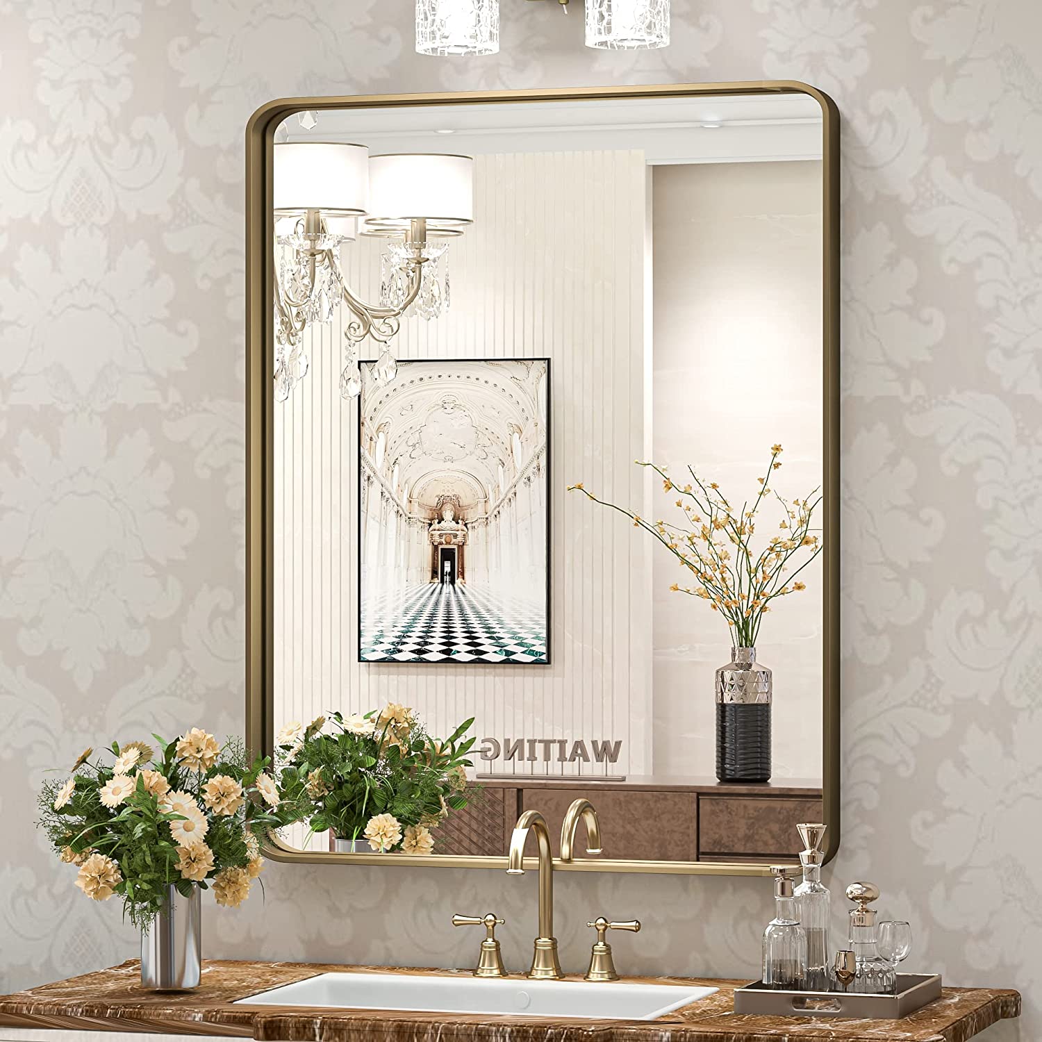Bathroom Vanity Mirror with Brushed Gold Aluminum Frame – HD Tempered Glass Wall Mirror for Over Sink, Modern Design, Horizontal or Vertical Mount for Bathroom, Entryway, or Bedroom