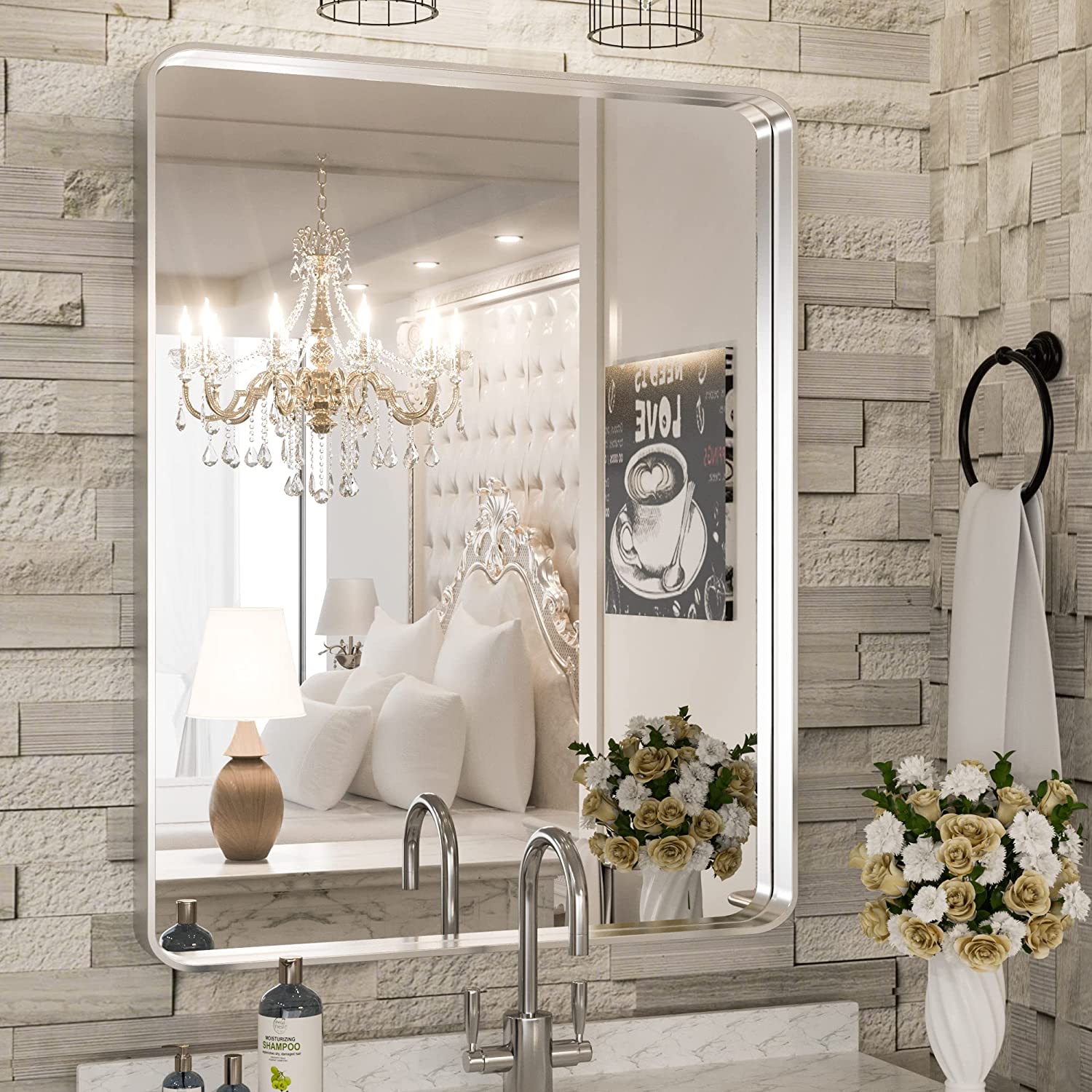 Bathroom Vanity Mirror with Brushed Gold Aluminum Frame – HD Tempered Glass Wall Mirror for Over Sink, Modern Design, Horizontal or Vertical Mount for Bathroom, Entryway, or Bedroom