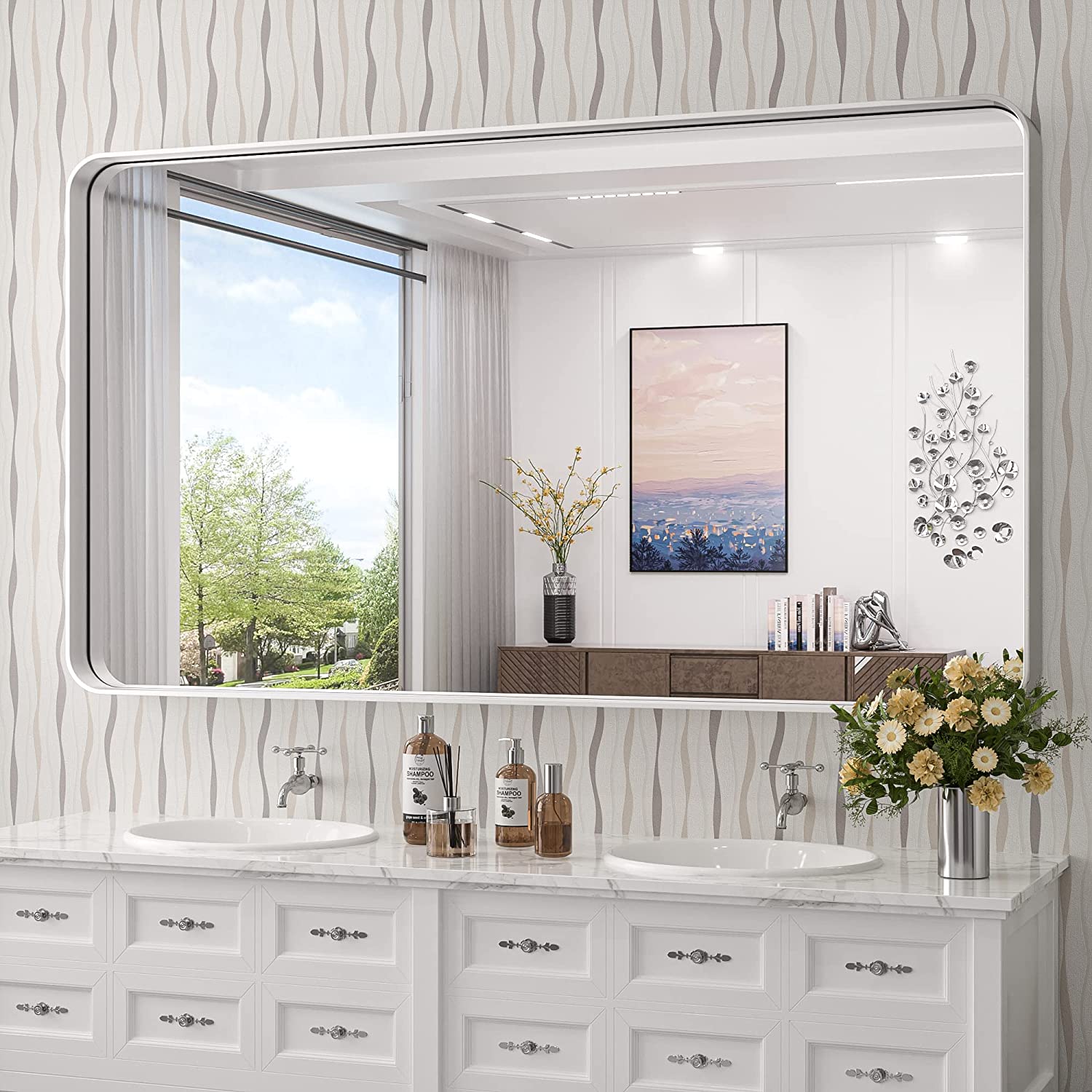 Bathroom Vanity Mirror with Brushed Gold Aluminum Frame – HD Tempered Glass Wall Mirror for Over Sink, Modern Design, Horizontal or Vertical Mount for Bathroom, Entryway, or Bedroom