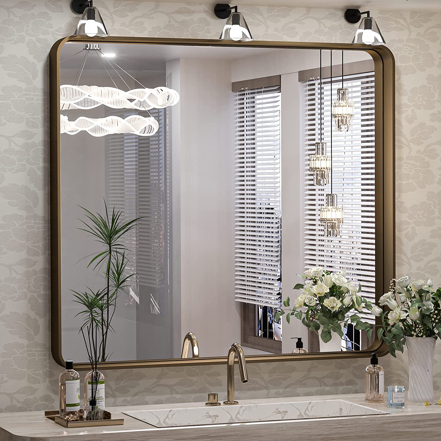 Bathroom Vanity Mirror with Brushed Gold Aluminum Frame – HD Tempered Glass Wall Mirror for Over Sink, Modern Design, Horizontal or Vertical Mount for Bathroom, Entryway, or Bedroom